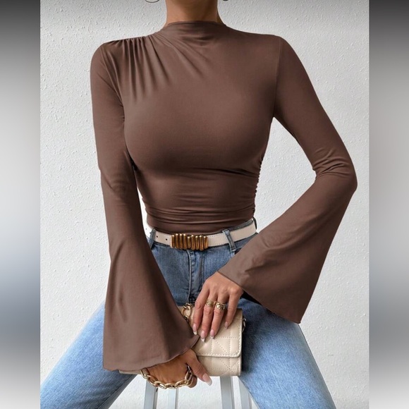 Elegant Brown Long Sleeve Women's Bodysuit Top - Picture 1 of 16